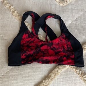 Lulu sports bra, cross back, red and black flower